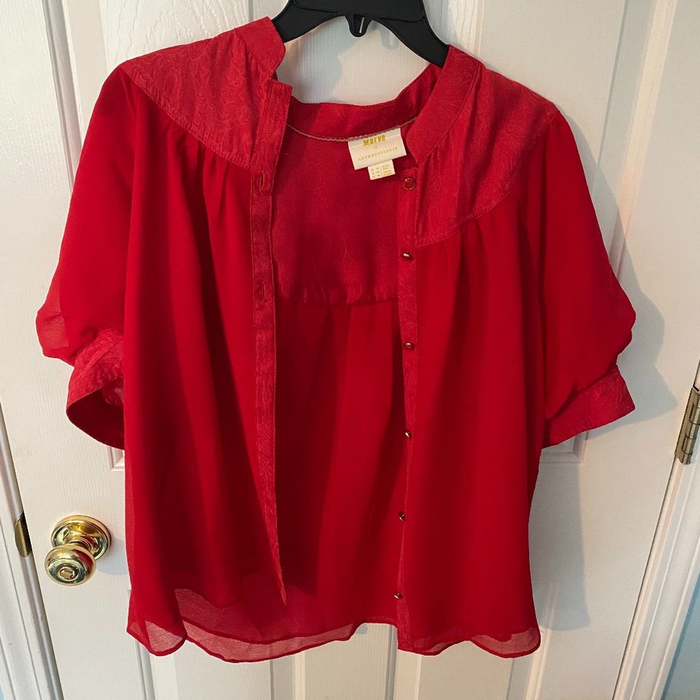 Anthropologie Red Puffer Sleeve Gold Button Blouse